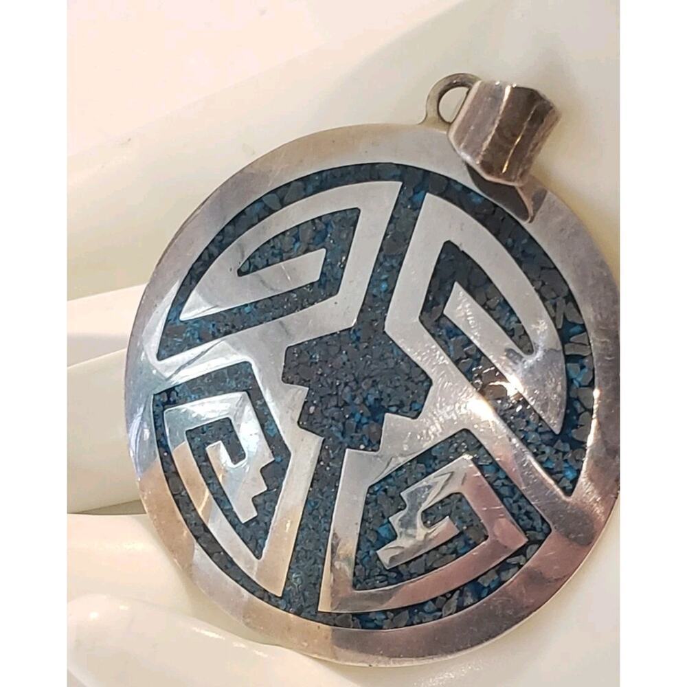 Vintage Taxco Pendant Big Sterling Inlay Turquoise Chip Aztec Native Mexico - Picture 2 of 10